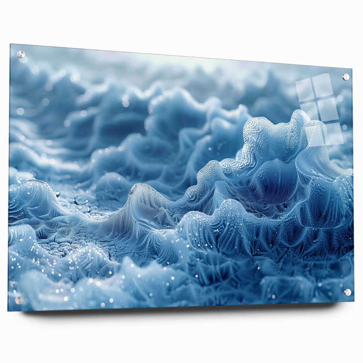 Close-up of frost patterns on acrylic glass, in cool blue tones, suitable for bedroom or dining room decor.