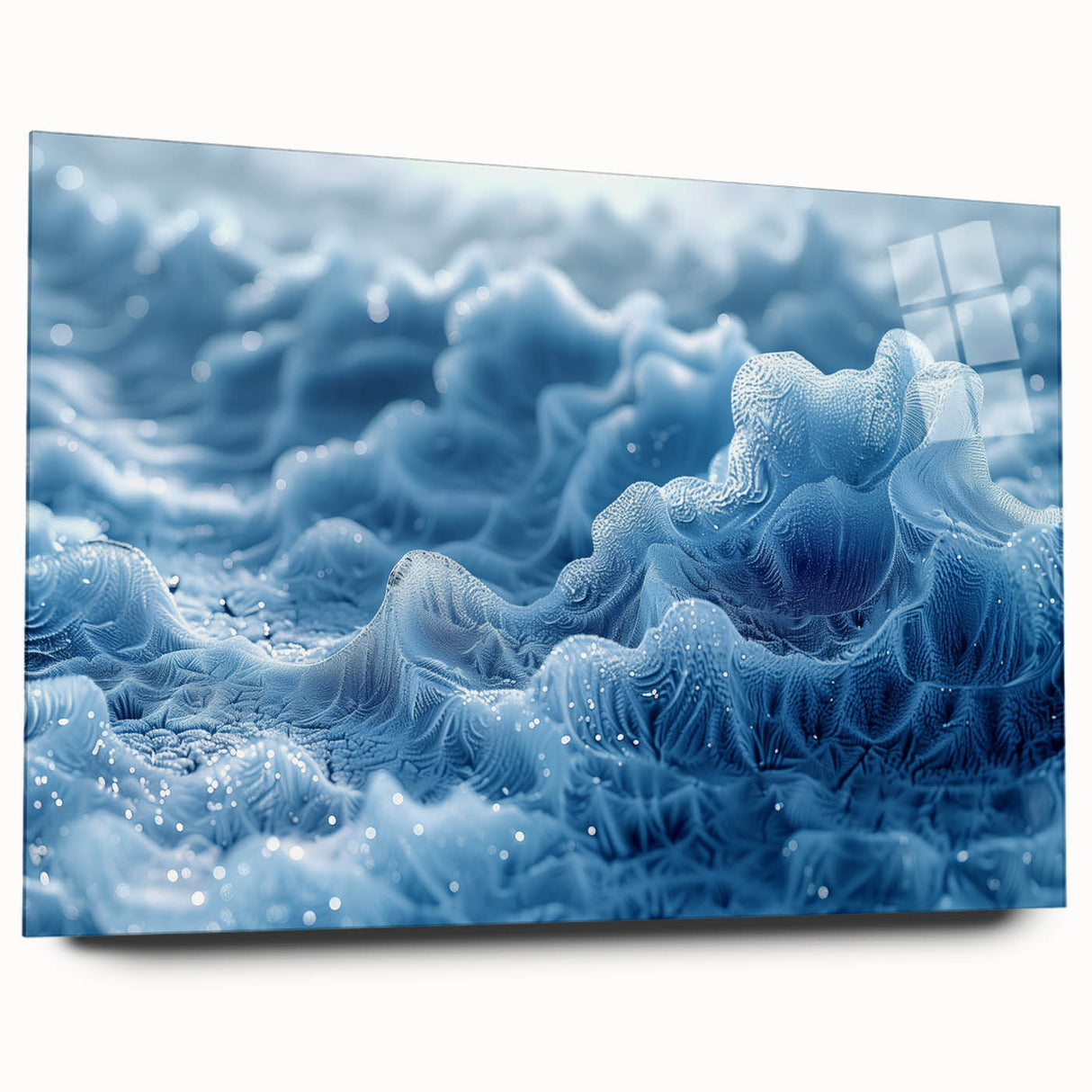 Large abstract wall art featuring close-up patterns of frost in blues and whites on acrylic glass.