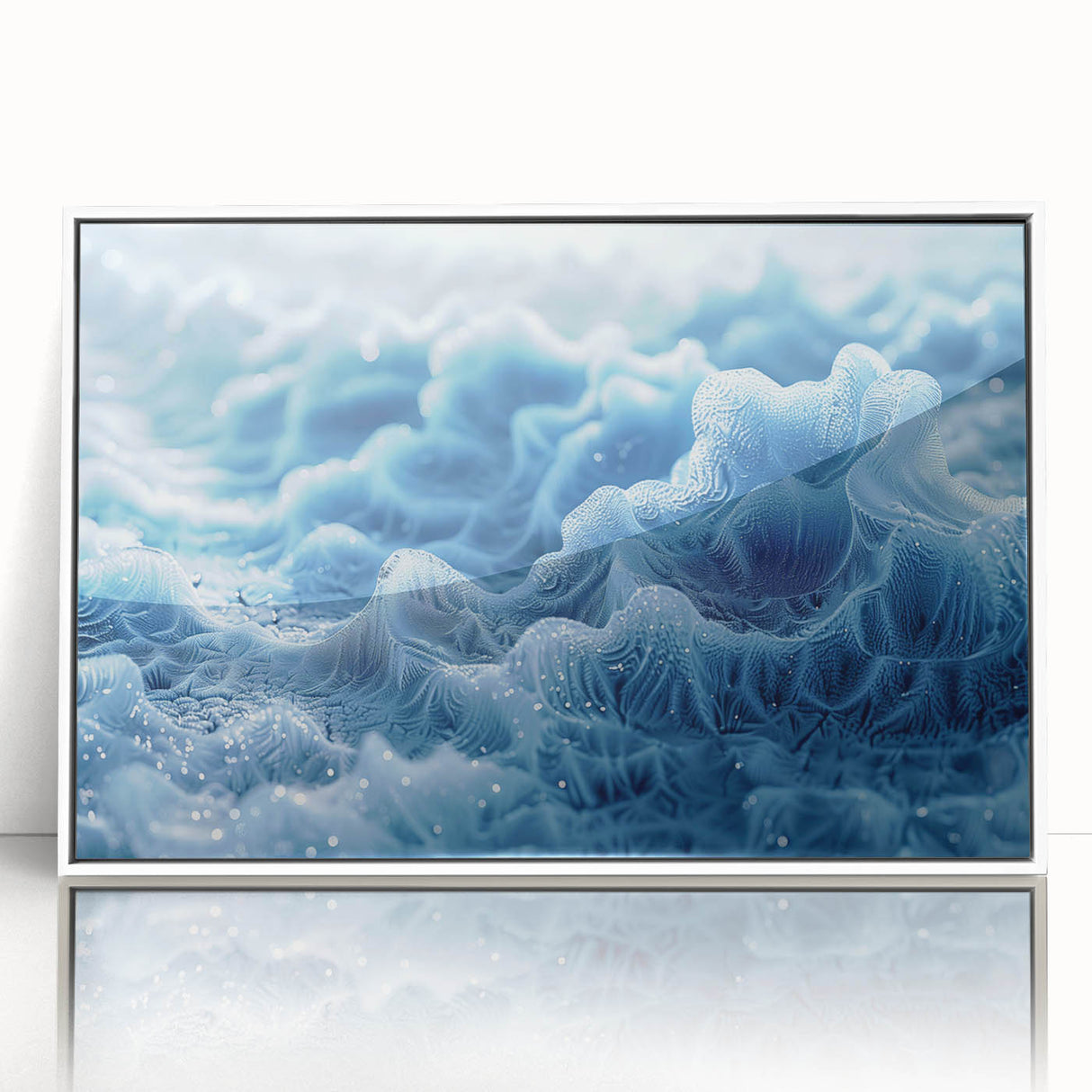 Close-up of frost patterns on ice in a white acrylic frame, featuring muted blue and white tones.
