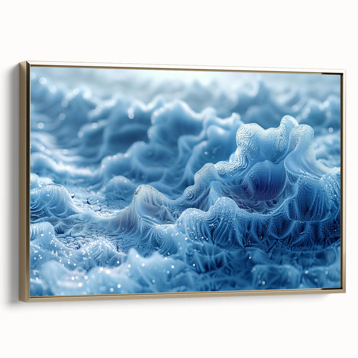 Framed canvas depicting a close-up landscape of frost patterns in gold and black tones.