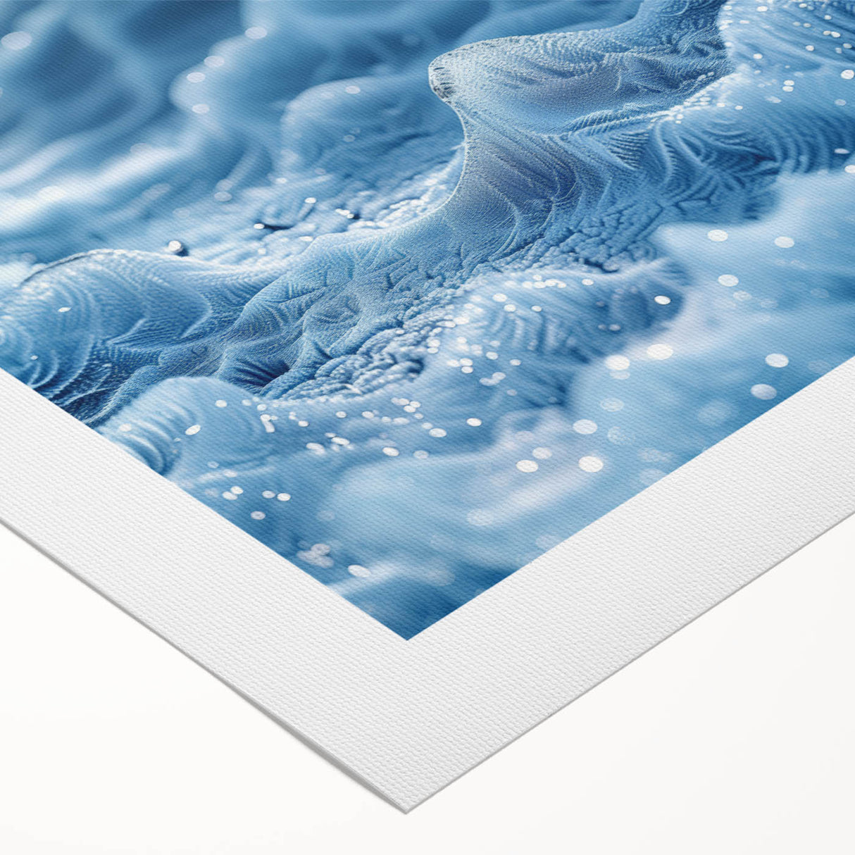 Art deco poster featuring a close-up of frost patterns in muted blue and white tones on rolled canvas.