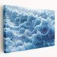 Close-up image of frost patterns on ice, rendered in blue and white tones on a stretched canvas.