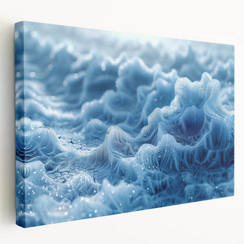 Close-up image of frost patterns on ice, rendered in blue and white tones on a stretched canvas.