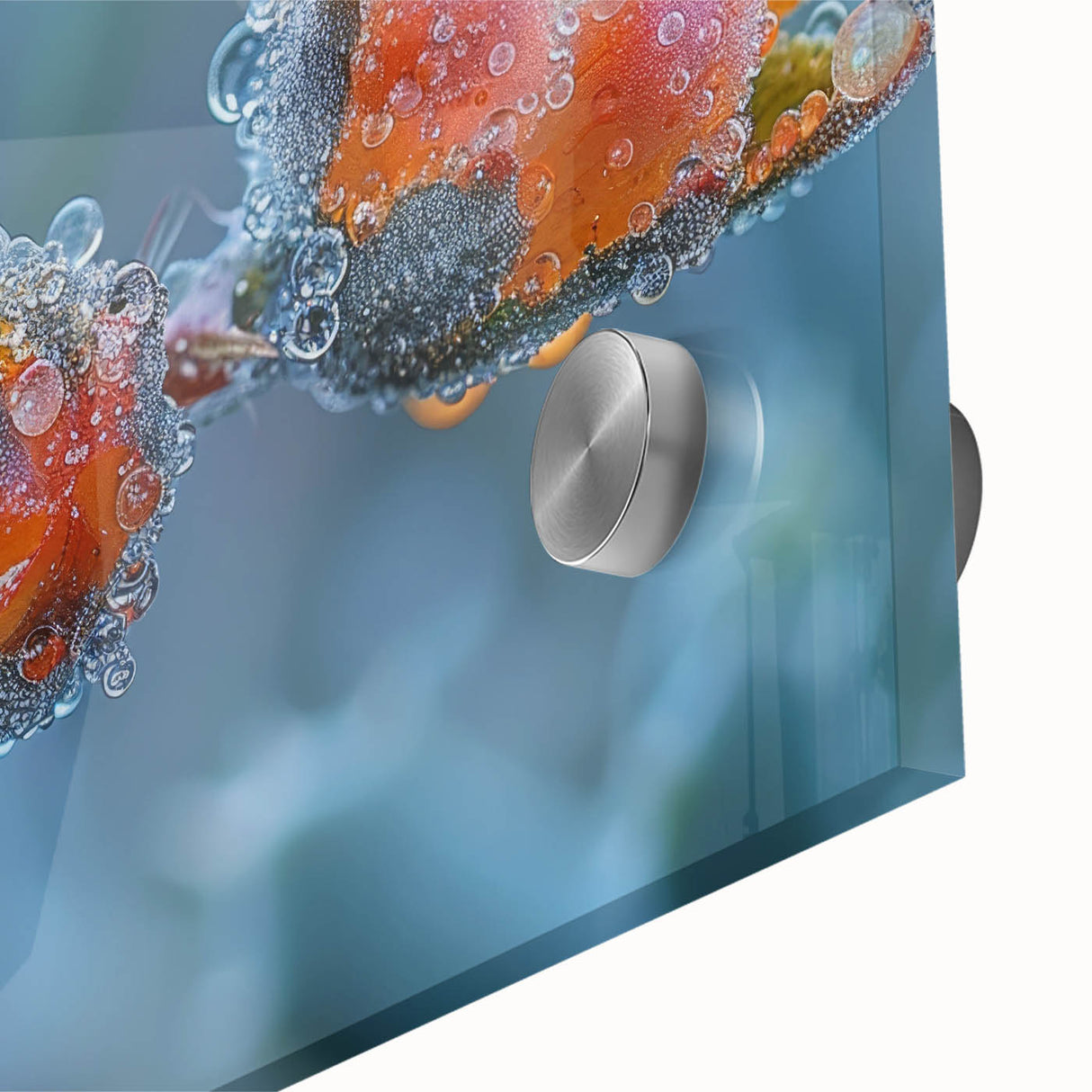 Large abstract wall art featuring a frost design in blue and white tones on acrylic glass, ideal for dining room ambiance.