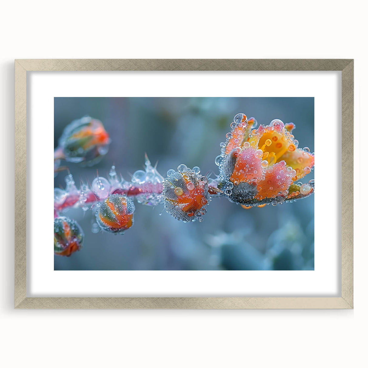 Abstract art print featuring detailed frost patterns in cool blue and white tones, framed in silver.