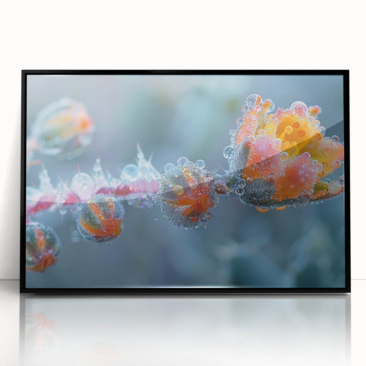 Large abstract wall art featuring frost patterns in black and white tones on a framed acrylic.