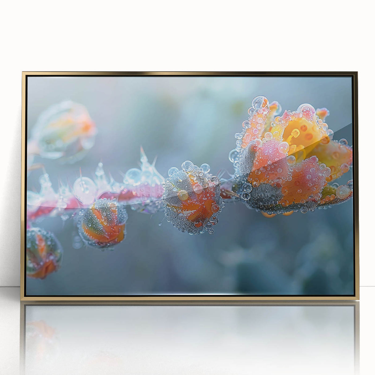 Mid-century modernist art featuring a close-up of frost patterns in gray tones, framed in acrylic with a gold finish.