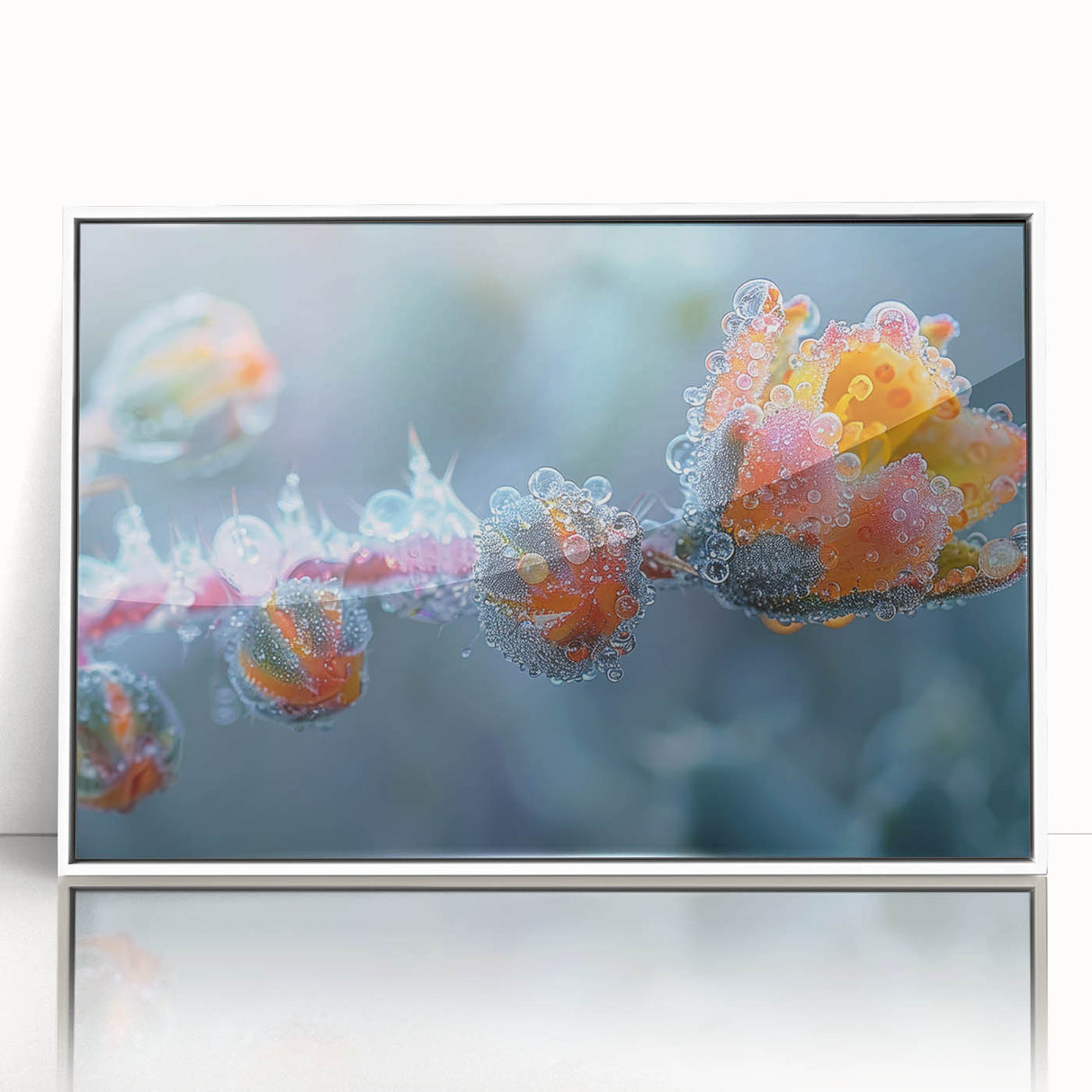 Framed acrylic print featuring a close-up of frost patterns in muted white and gray tones, suitable for modern nursery decor.