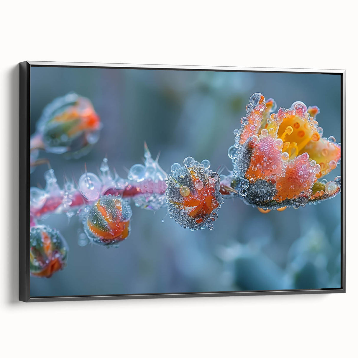 Black and white framed canvas featuring a close-up of frost patterns, suitable for bedroom wall decor.