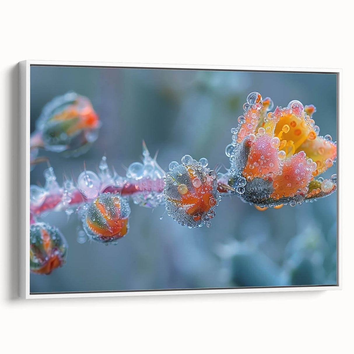 Framed canvas depicting a close-up of frost patterns in grayscale, suitable as wall art for bedrooms.