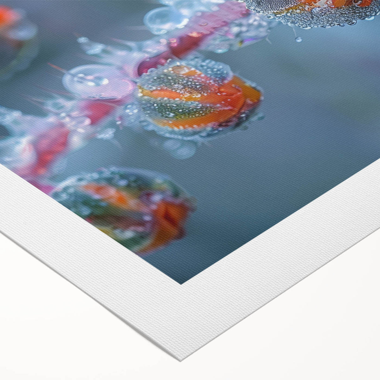 Art deco poster featuring a close-up of frost patterns in muted gray tones, printed on rolled canvas.