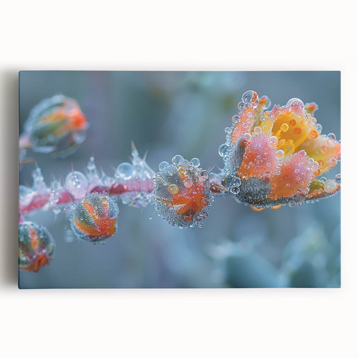 Black and white close-up photo of frost patterns on ice, printed on large stretched canvas, ideal for kitchen wall art.