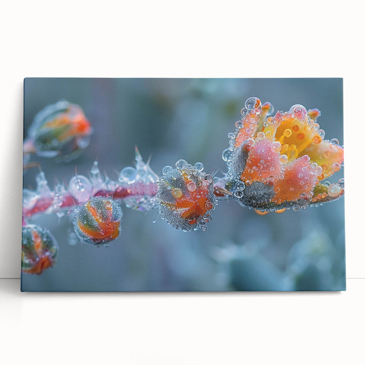 Black and white close-up of frost patterns on ice, printed on stretched canvas.