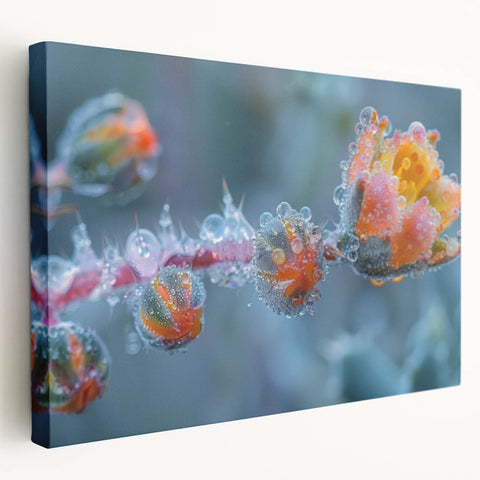 Close-up of frost patterns on ice in muted blue and white tones on stretched canvas, suitable for kitchen wall art.