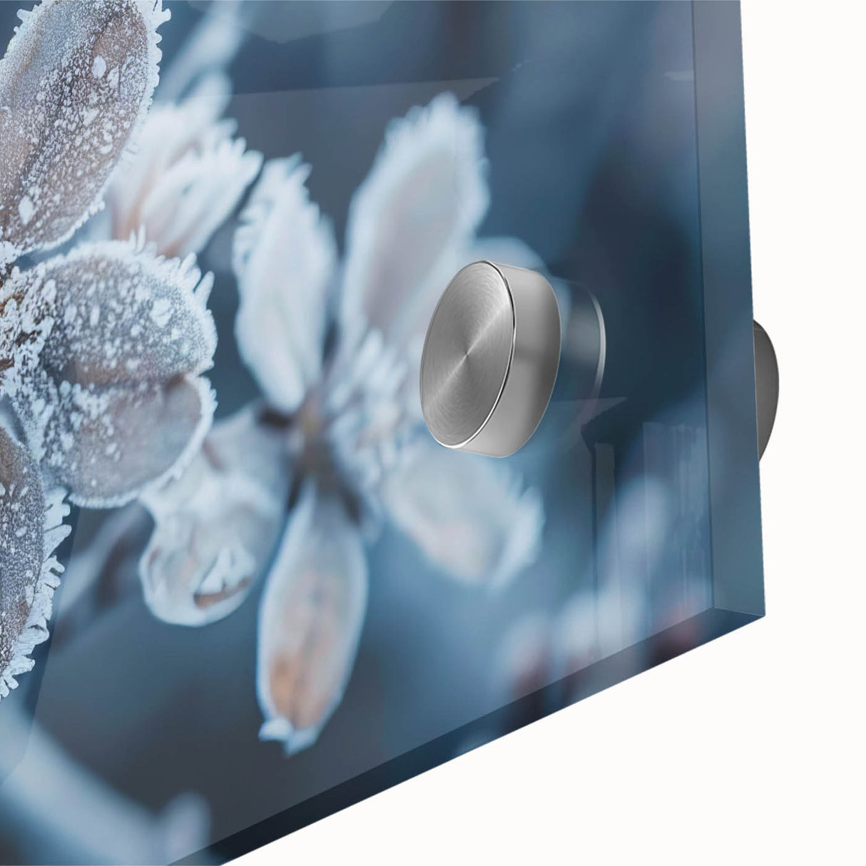 Close-up of frost-like patterns in muted grays and whites on acrylic glass, suitable as large abstract dining room art.