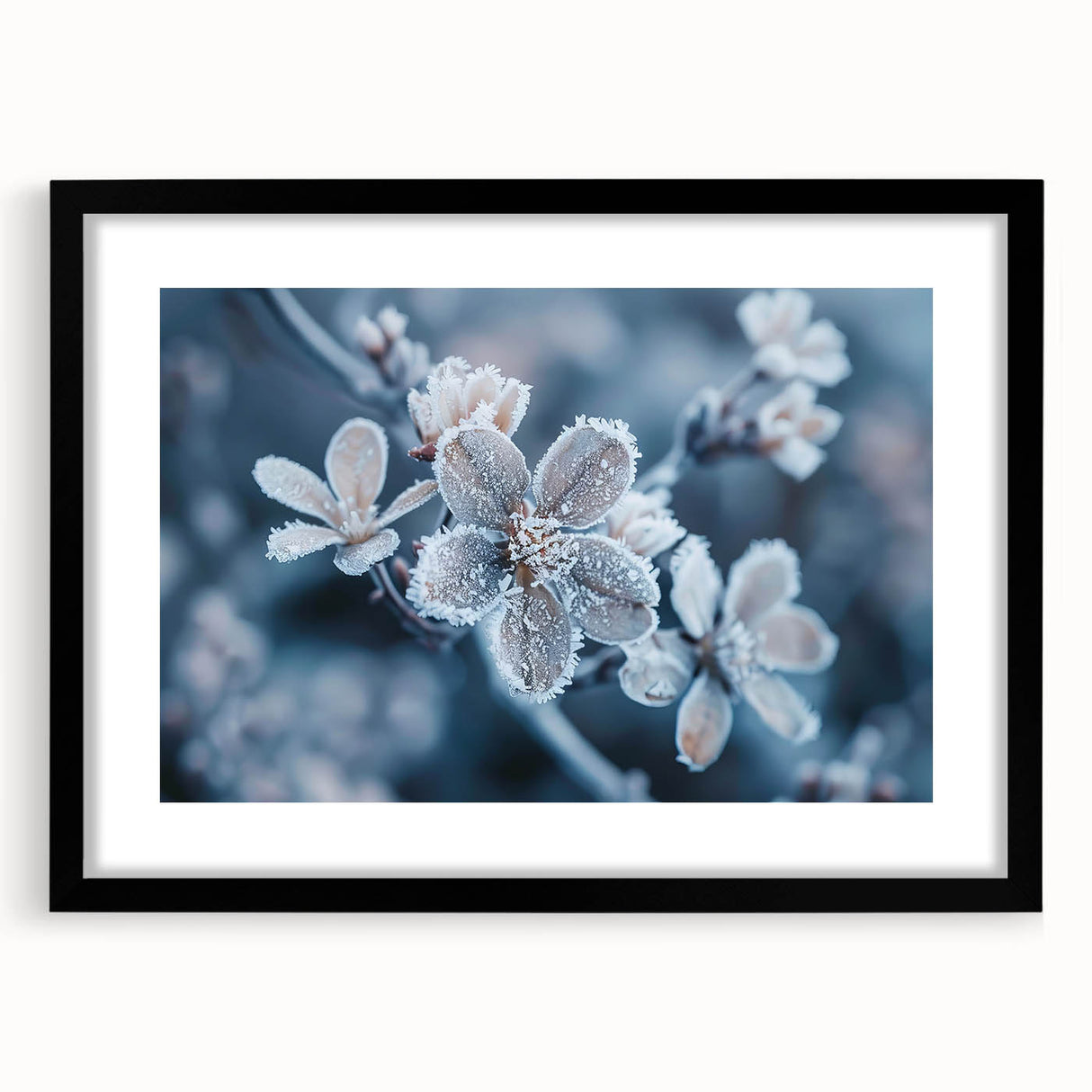 Extra large abstract art print featuring a textured, colorful frost design on a black framed canvas.
