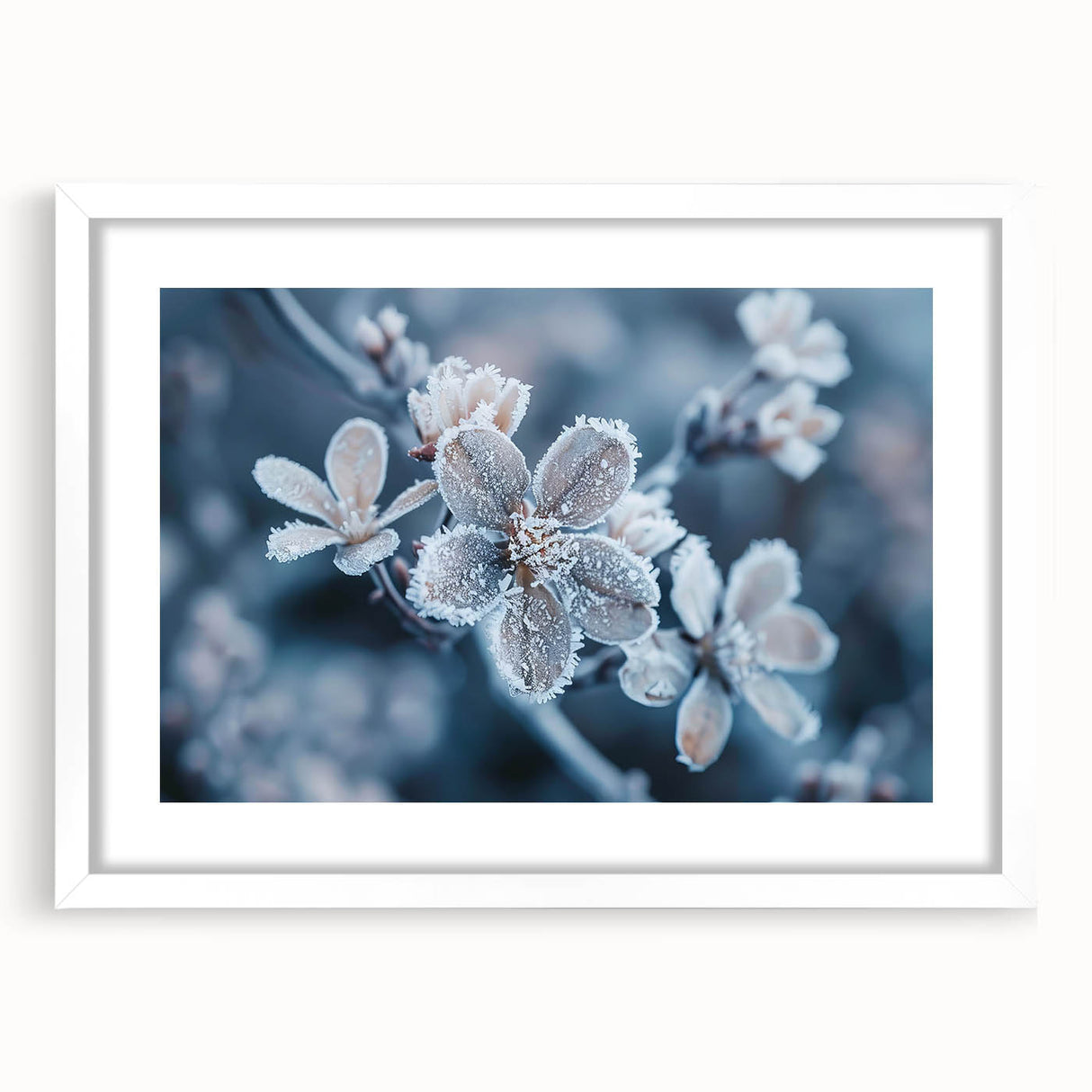 Extra large abstract art print featuring a textured frost design in muted white and gray tones on a framed canvas.