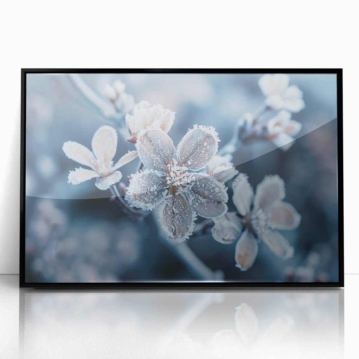 Large abstract wall art depicting frost patterns in muted gray tones on a framed acrylic, ideal for modern art wall decor.