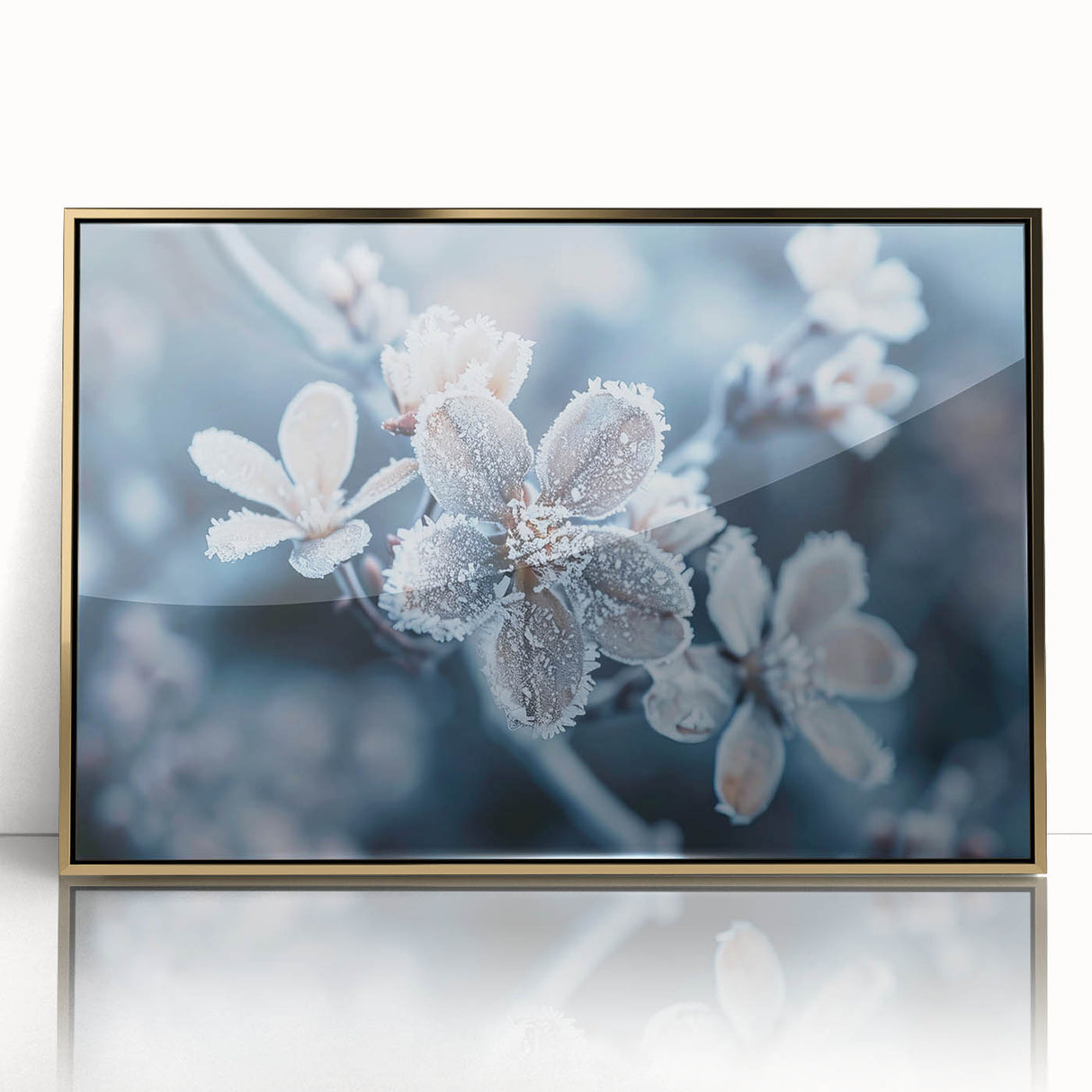 Mid-century modernist art of a frost design in cool blue and white tones on a framed acrylic, ideal for nursery wall decor.