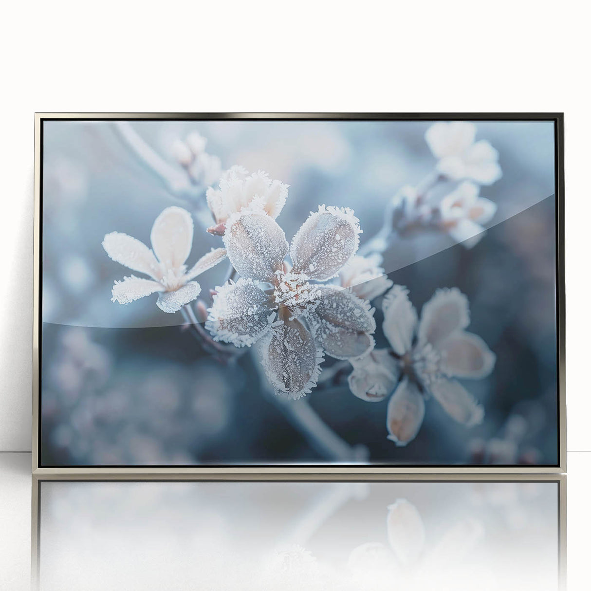 Art deco poster featuring close-up of frost patterns in muted silver tones on acrylic, ideal for modern nursery wall art.