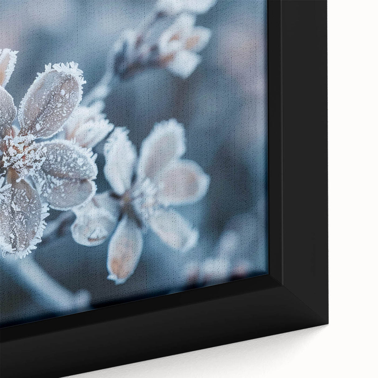 Black framed canvas featuring a close-up of frost in textured, colorful art, ideal for extra large living room wall decor.