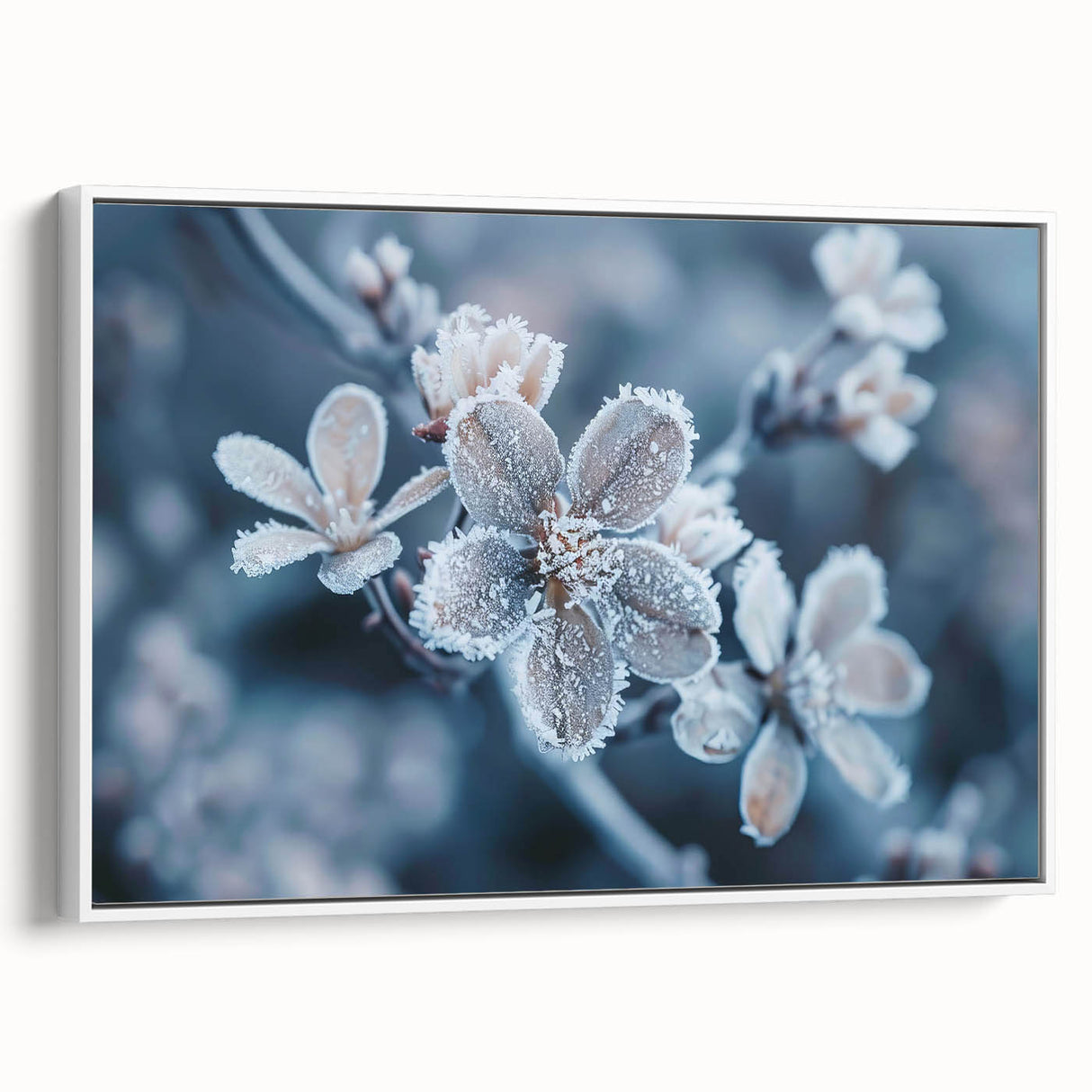 Framed canvas featuring a close-up of frost patterns in muted gray tones, ideal for bedroom wall art.