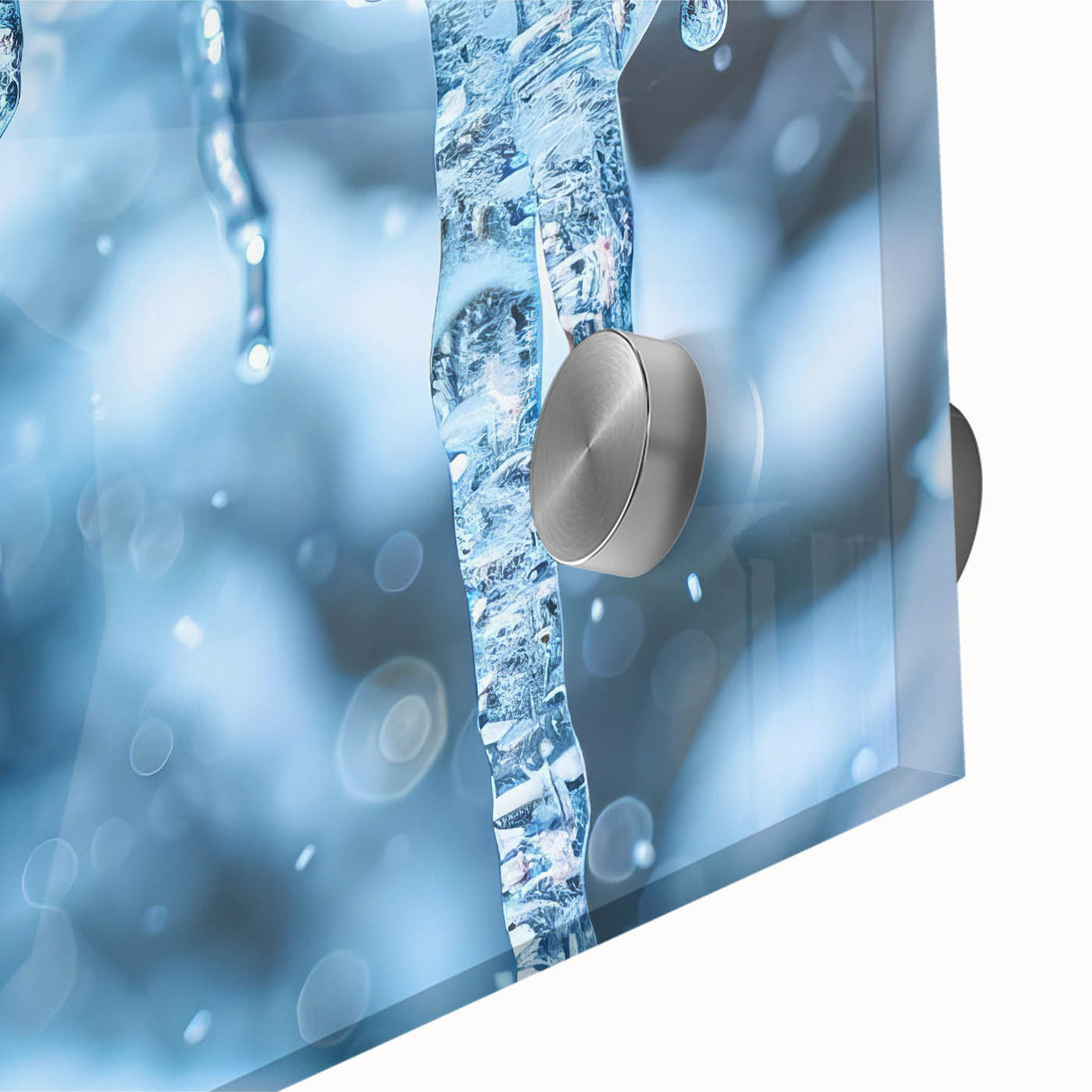 Large abstract wall art featuring a close-up of frost patterns in muted blue and white tones on acrylic glass.