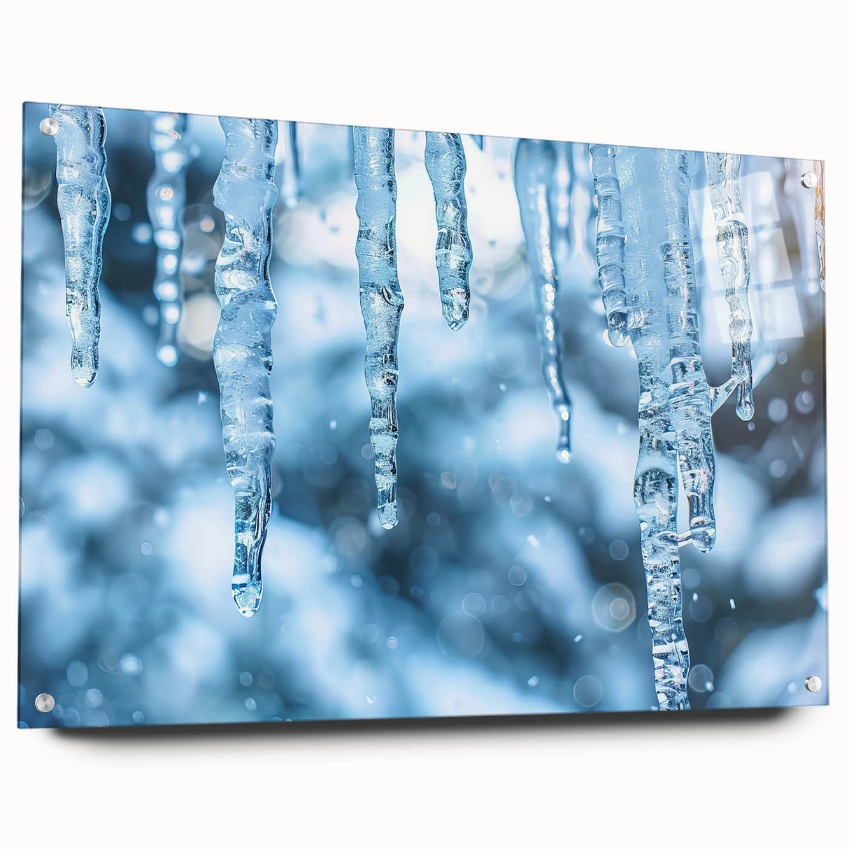 Close-up of frost patterns on acrylic glass, in muted blue and white tones, suitable for bedroom or dining room wall art.