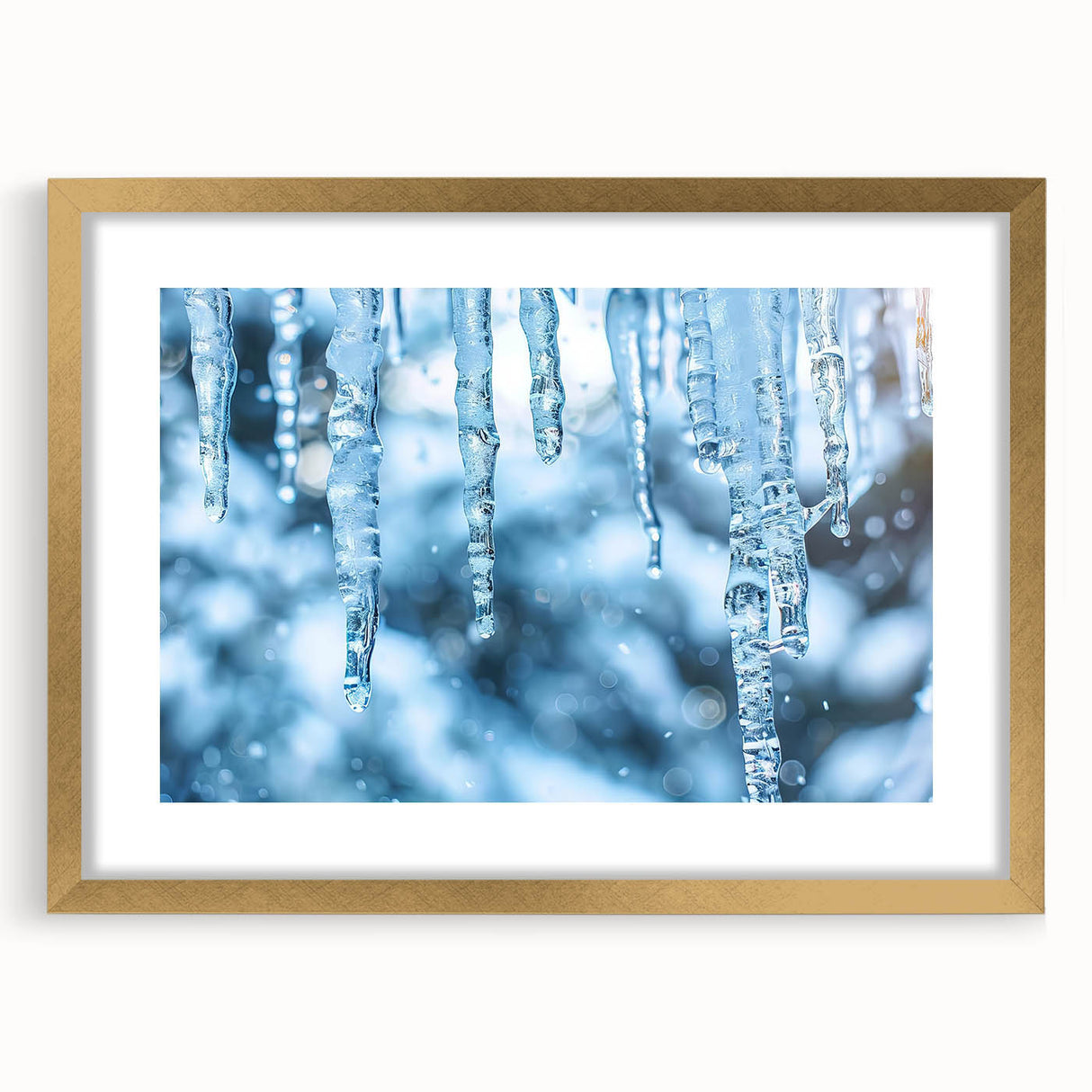 Textured art depicting abstract frost patterns in muted gray tones on a gold-framed canvas, suitable for bedroom decor.