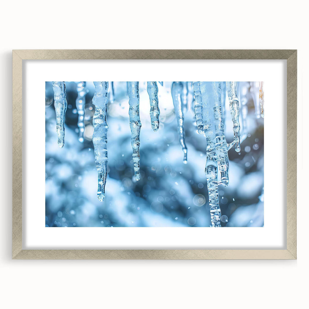 Abstract art print featuring a close-up frost design in gray and white tones on a framed silver mat.