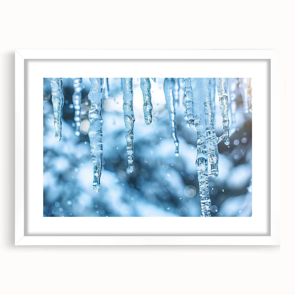 Extra large abstract art print featuring a frost-like textured design in muted gray and white tones, framed with a white mat.