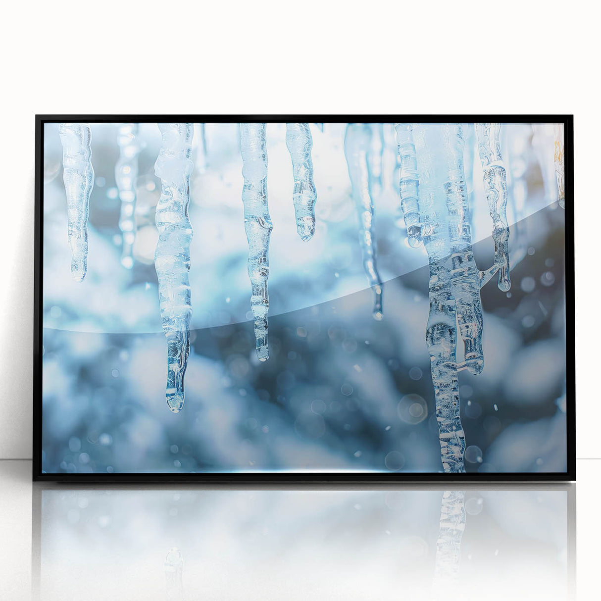 Large abstract wall art featuring a frost pattern in blue and white tones, framed in black acrylic.