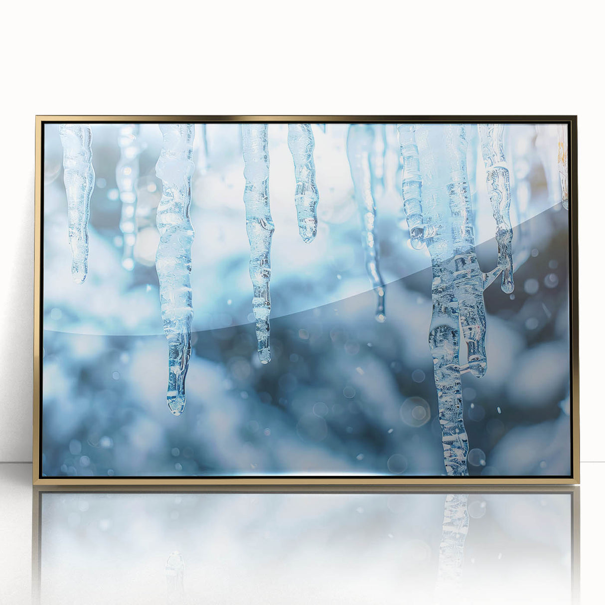 Mid-century modernist art depicting frost patterns in muted gray, framed in acrylic gold, ideal for nursery wall decor.