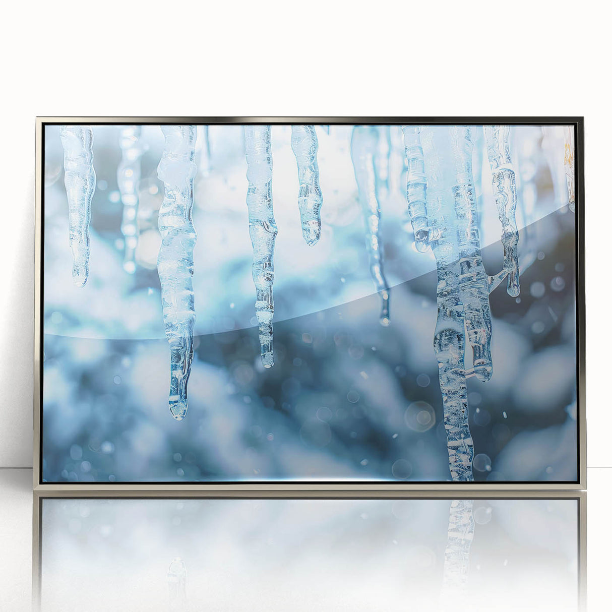 Framed acrylic print of a frost design in silver and white tones, suitable as modern art wall decor.