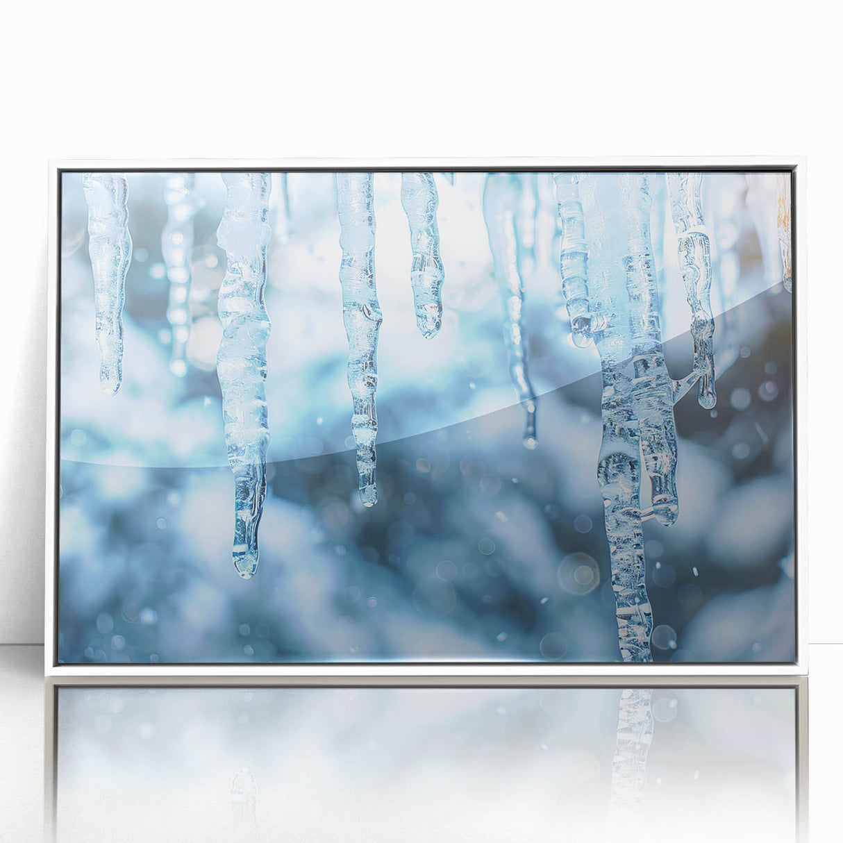 Framed acrylic print featuring a close-up of frost patterns in muted white and gray tones, suitable for modern nursery decor.