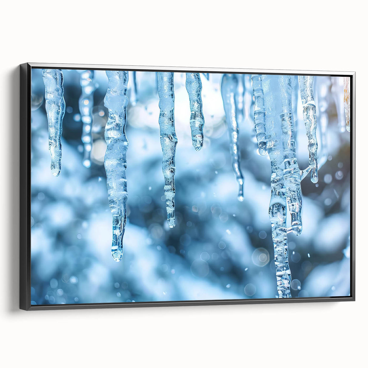 Black and white framed canvas depicting a close-up of frost patterns, ideal for bedroom wall decor.
