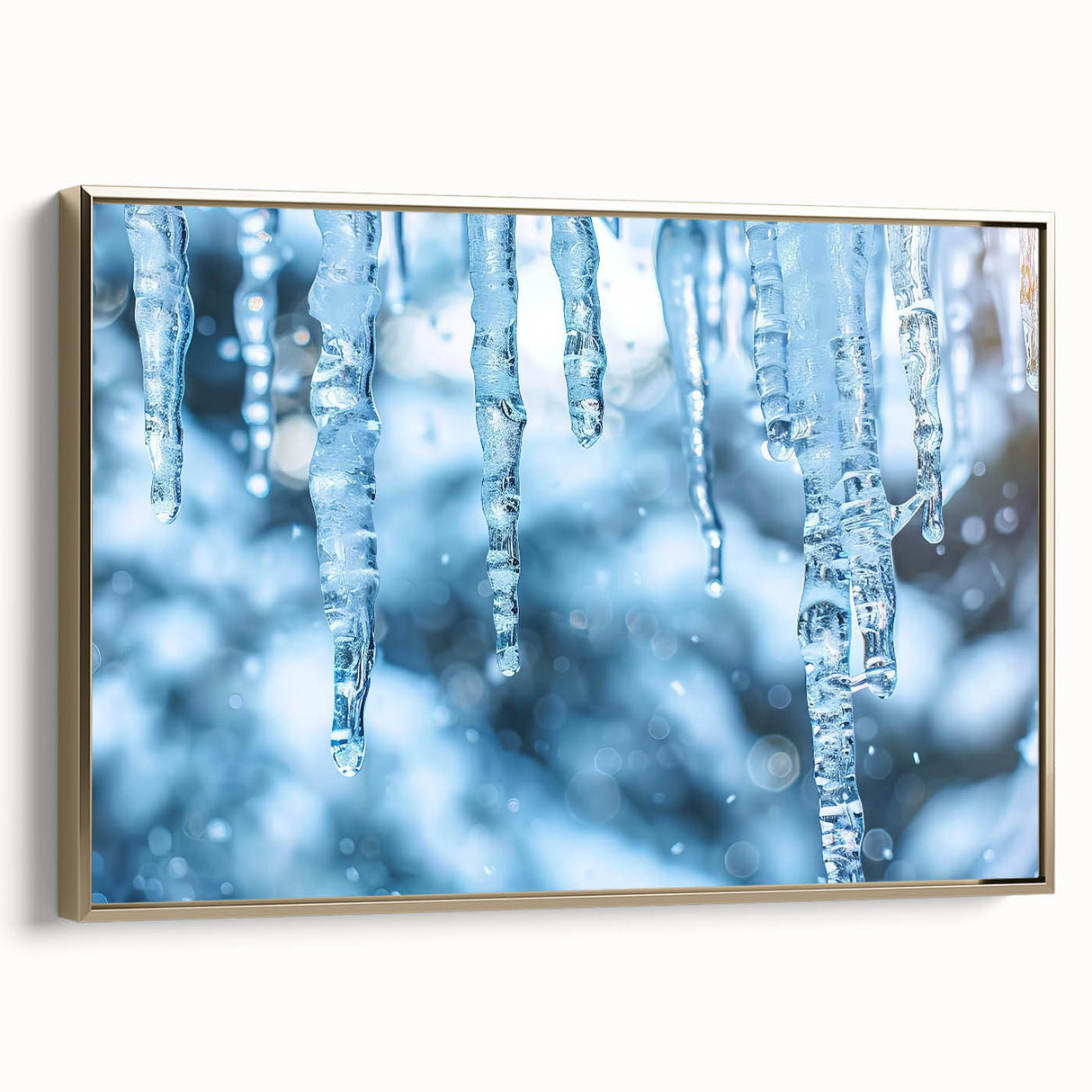 Framed canvas featuring a close-up landscape art painting of frost patterns in muted gray and gold tones.