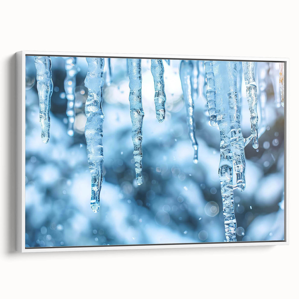 Framed canvas wall art featuring a close-up of frost patterns in black and white, ideal for bedroom decor.