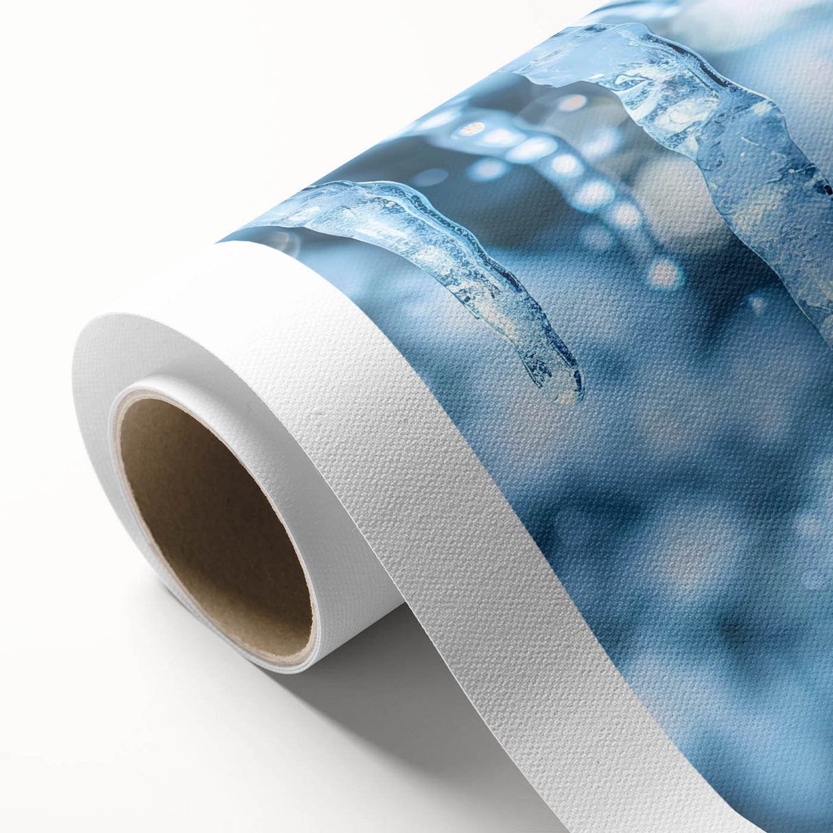 Art deco poster featuring a close-up of frost patterns in muted blue and white tones, printed on rolled canvas.