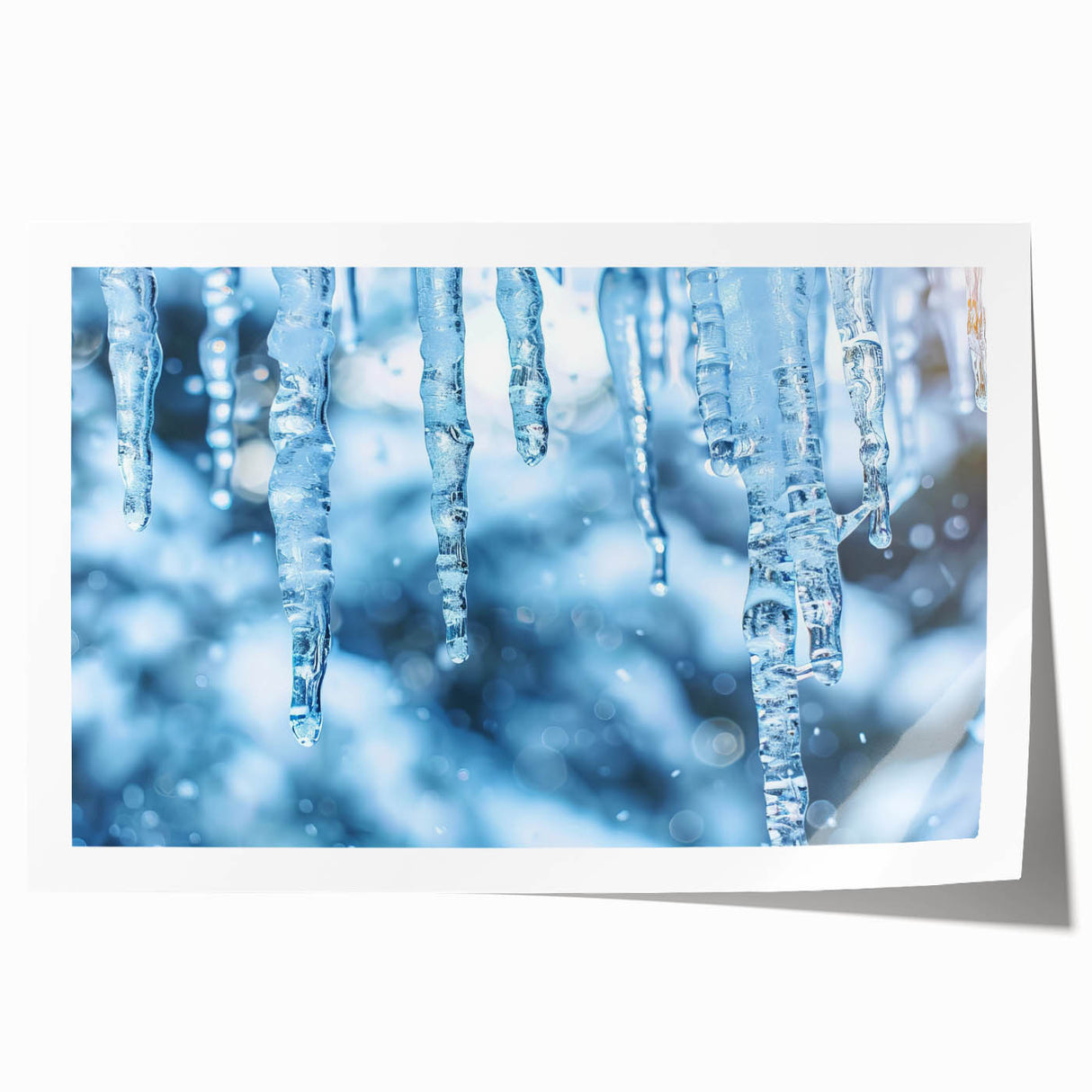 Close-up of frost patterns on ice in muted blue and white tones, extra large rolled print.