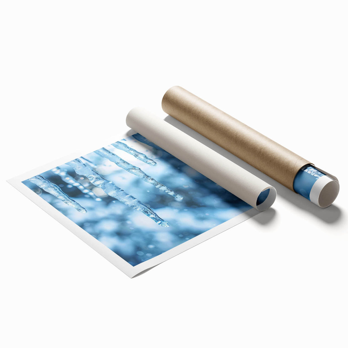 Close-up of frost patterns on ice in muted blue and white tones, rolled print, ideal for classy bathroom wall art.