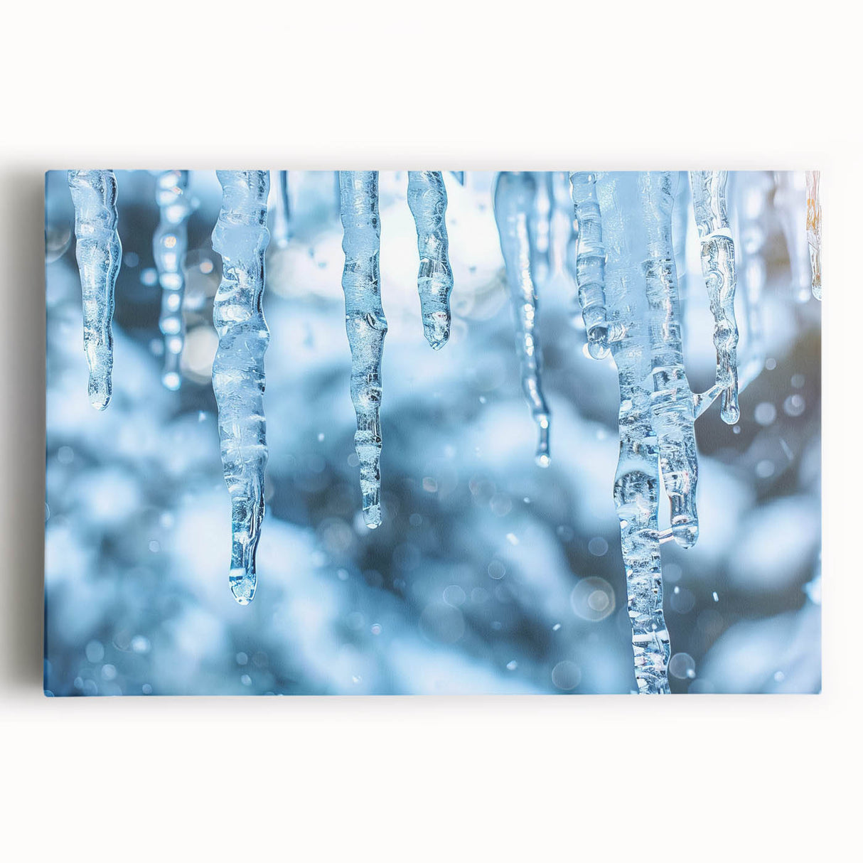 Black and white close-up photo of frost patterns on ice, printed on large stretched canvas, suitable for kitchen wall art.
