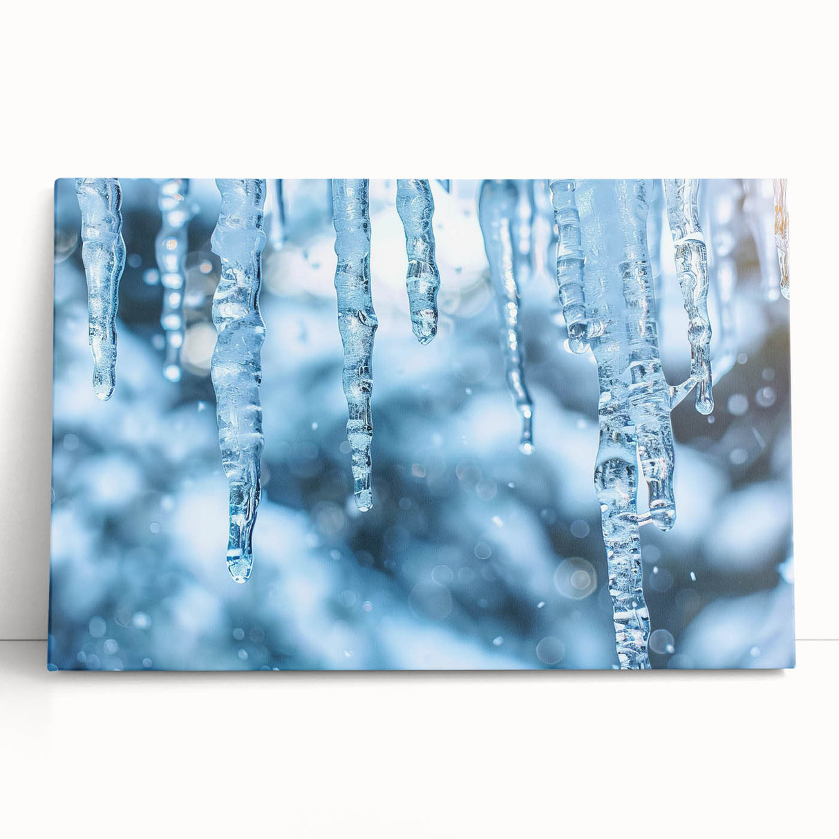 Close-up of frost patterns in black and white on stretched canvas, ideal for kitchen wall art.