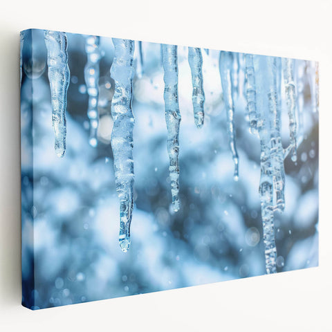 Side view of a stretched canvas featuring a close-up frost design with intricate ice patterns, ideal for kitchen wall art.