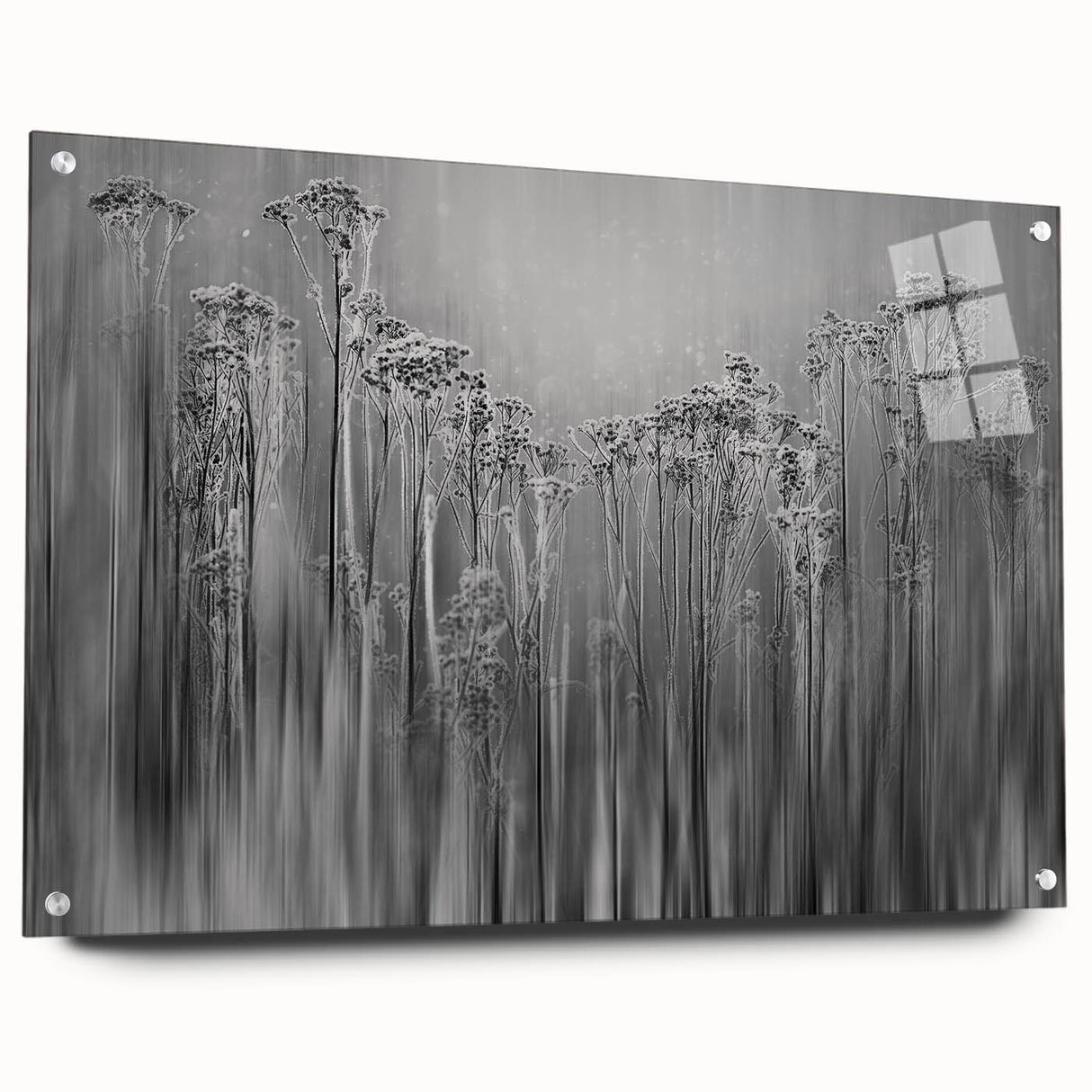 Close-up of frost patterns on acrylic glass, in cool blue and white tones, suitable for bedroom or dining room wall art.