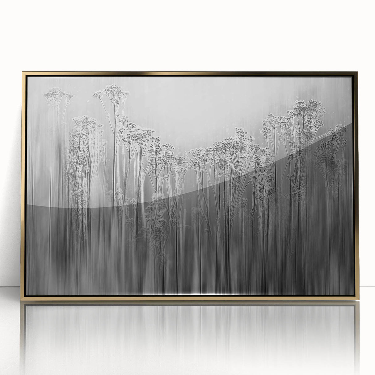 Mid-century modernist art depicting frost design in muted gray, acrylic print framed in gold.