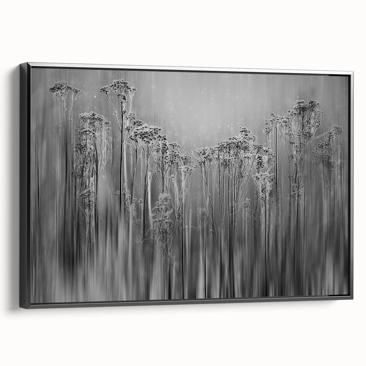 Framed canvas featuring a close-up landscape of frost patterns in black and white, ideal for bedroom wall art.