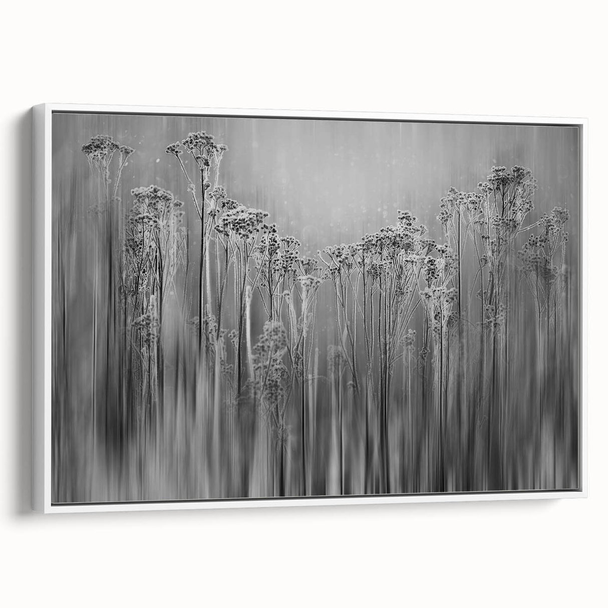 Framed canvas featuring a close-up of frost patterns in grayscale, ideal for bedroom wall art.