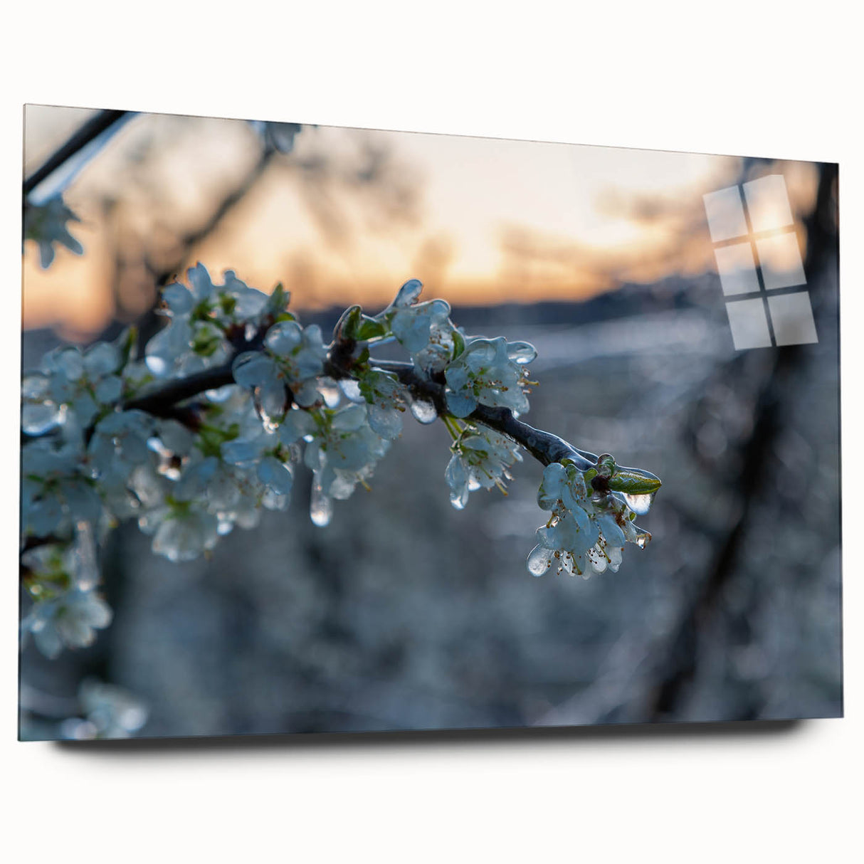 Close-up of frost patterns in muted blue and white on acrylic glass, suitable for bedroom or dining room decor.