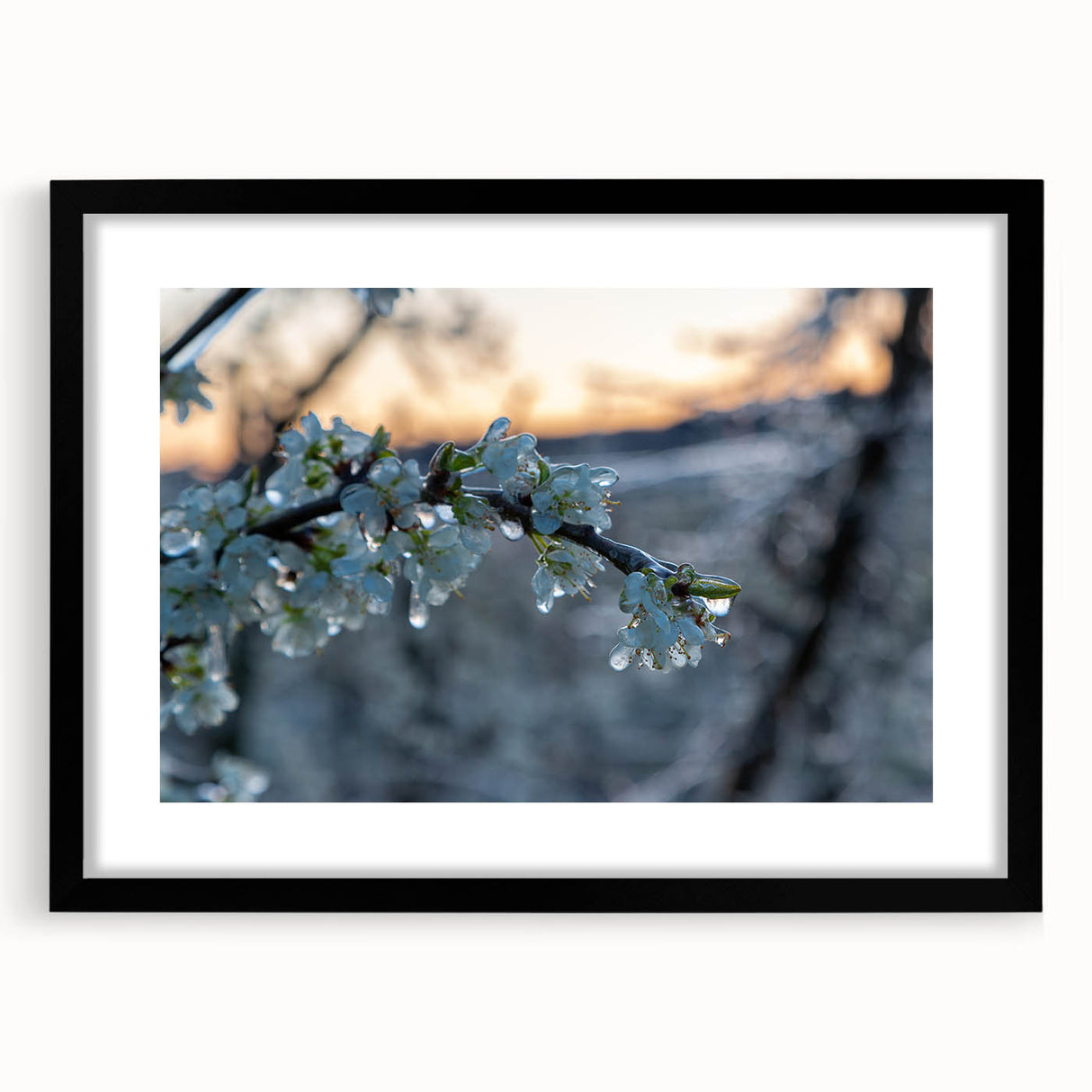 Abstract art print featuring a frost-like textured design in vibrant blues and whites, framed with a black mat.